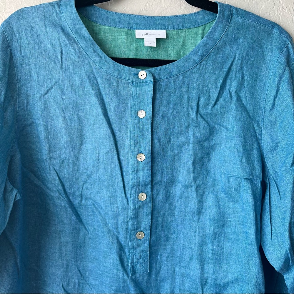 J. Jill Love Linen Tunic Henley Shirt Chambray Coastal Beach Resortwear - Picture 3 of 9
